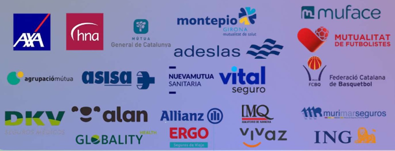 Logotips de les mútues i asseguradores que apareixen a la informació del centre: AXA, HNA, MGC, Montepio Girona, MUFACE, Mutualitat de Futbolistes, Adeslas, Agrupació Mútua, Asisa, Nueva Mutua Sanitaria, Vital Seguro, Federació Catalana de Basquetbol, DKV, Alan, Allianz, IMQ, Murimar, Globality Health, ERGO, Vivaz i ING